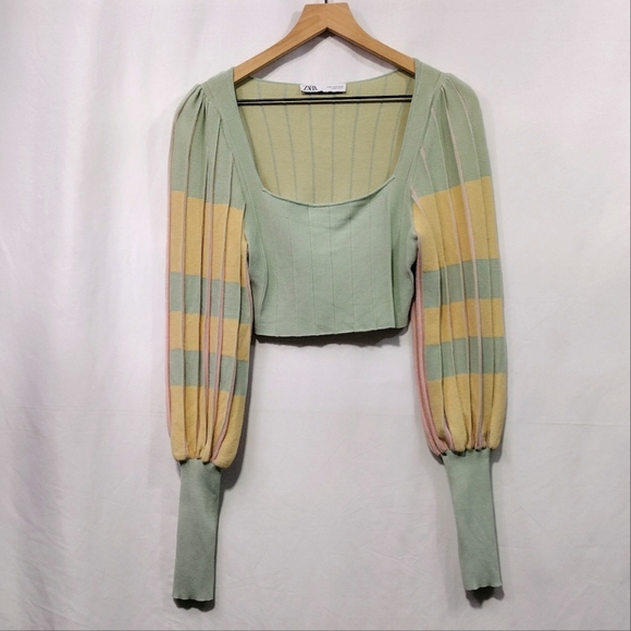 Zara Pleated Knit Crop Top Womens S Green Yellow Square Neck Boho Retro 90s Y2K - Picture 2 of 11